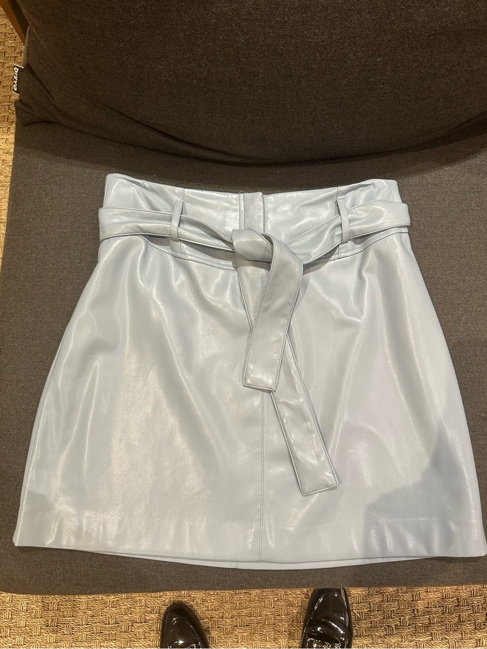 Elie Tahari Light Blue Faux Leather Mini Skirt with Waist Tie 8